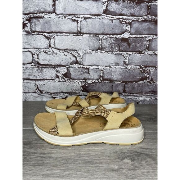 Fantasy Sandals Tan Nubuck Fabric Cross Strap Wedge Flex Sole Women’s 39EU/8.5US - Picture 6 of 16